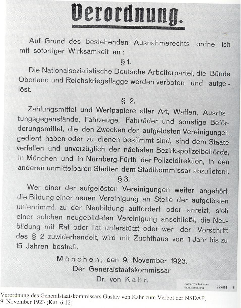 Verordnung des Generalstaatskommissars Gustav von Kahr zum Verbot der NSDAP, 9.November 1923